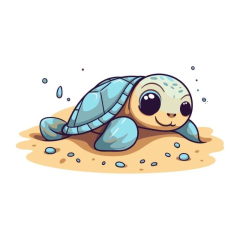 Cute cartoon turtle in the sand. Vector illustration isolated on