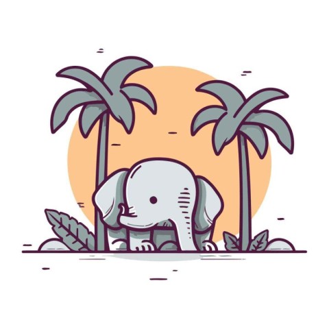 Cute elephant sitting on the beach with palm trees. Vector illus