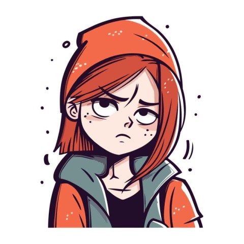 Sad woman in hoodie. Vector illustration in cartoon comic style.