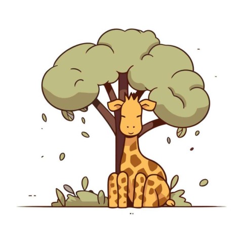 Cartoon giraffe with tree on white background. Vector illustrati