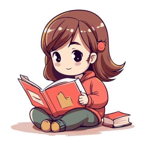 Little girl reading a book. Cute cartoon character. Vector illus