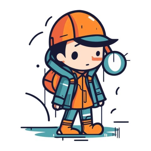 Cute little boy in safety helmet with stopwatch. Vector illustra