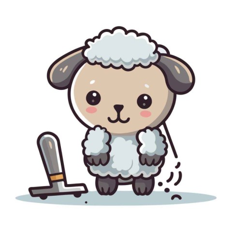 Sheep with mop. Cute cartoon character. Vector illustration