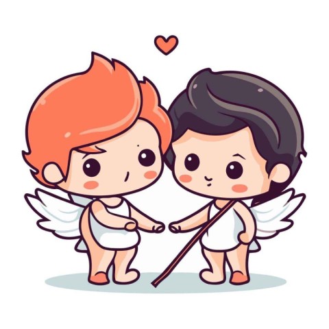 Cupid boy and girl holding bow and arrow. Vector illustration.