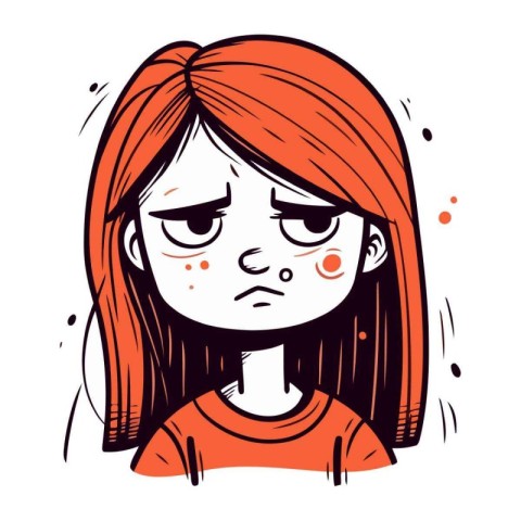 Angry little girl with red hair. Vector illustration in sketch s