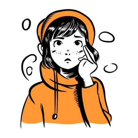 Illustration of a girl in an orange hoodie with a grimace on her