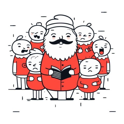 Santa Claus reading a book with his friends. Vector illustration