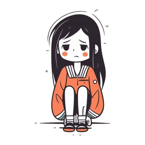 Cute sad little girl vector illustration. Sad child cartoon char