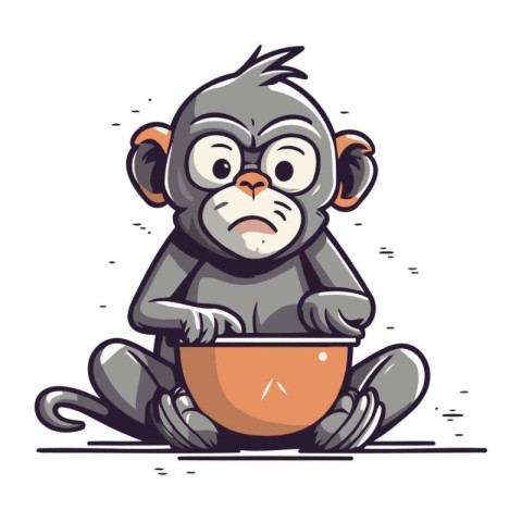 Monkey sitting and holding a bowl with food. Vector illustration