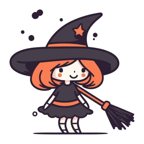 Cute little girl in witch costume with broom. Vector illustratio