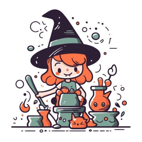 Cute girl in witch costume with pot and spoon. Vector illustrati