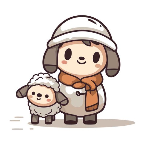 Illustration of a Cute Baby Boy and Sheep Wearing Winter Clothes