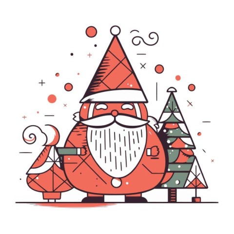 Santa Claus and Christmas tree. Vector illustration in flat line