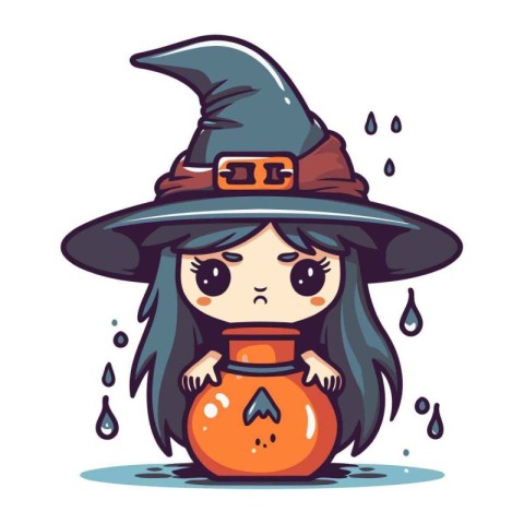 Cute little witch girl with a pot of potion. Vector illustration