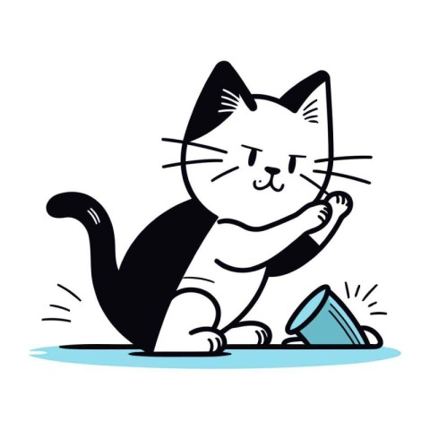 Vector illustration of a cat with a garbage bag in its paws.