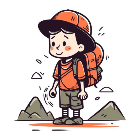 Cute little boy hiking in mountains. Vector hand drawn illustrat