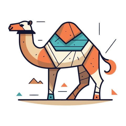 Camel in flat line style. Vector illustration of camel in flat s