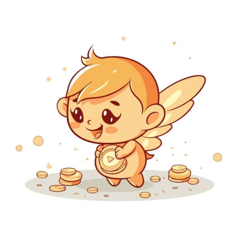 Cute little cupid is playing with coins. Vector illustration.