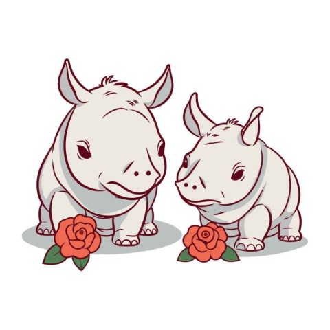 Cute cartoon rhinoceros with flowers. Vector illustration.