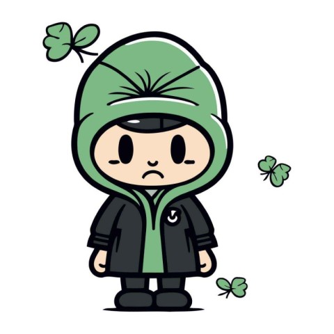 boy in raincoat and hat with four leaf clover vector illustratio