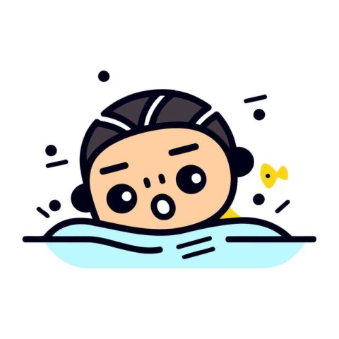 Cute cartoon baby boy swimming in the pool. Vector illustration.