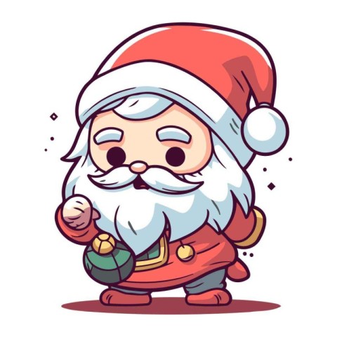 Cartoon Santa Claus with a bag of gifts. Vector illustration.