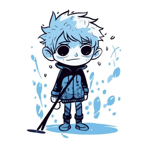 Cute cartoon boy cleaning the floor with a broom. Vector illustr