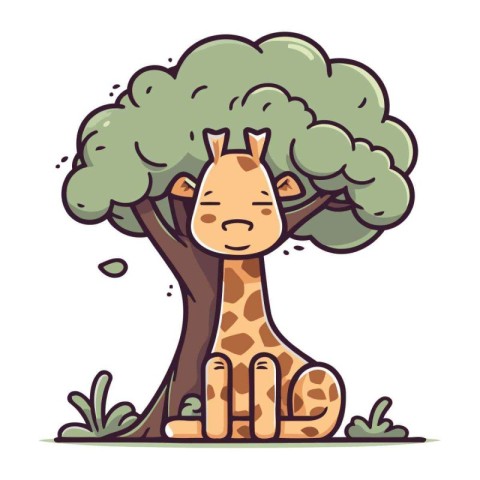 Cute giraffe sitting under a tree. Vector cartoon illustration.