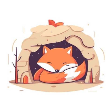 Cute fox sleeping in a cave. Vector illustration in cartoon styl