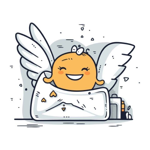 Cute baby boy with angel wings. Vector illustration in line styl