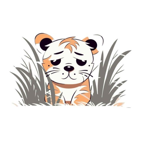 Cute cartoon tiger in the grass. Vector illustration on white ba