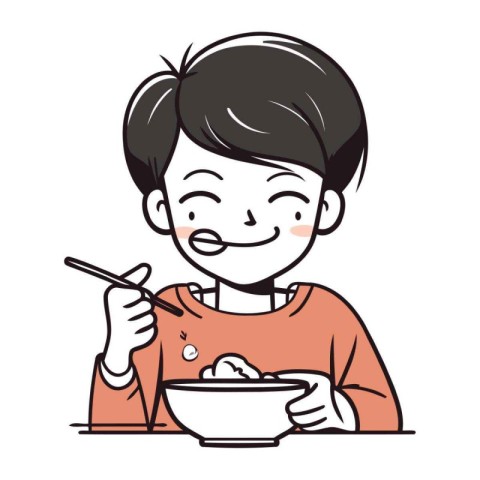 Illustration of a boy eating a bowl of soup with chopsticks