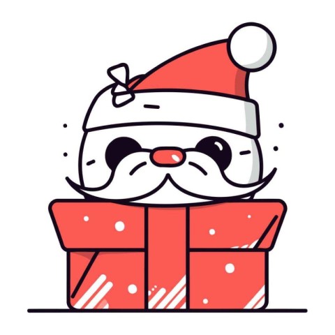 Cute kawaii snowman in Santa hat and gift box. Vector illustrati