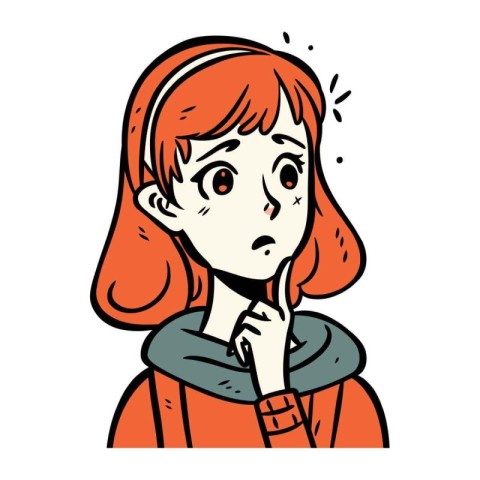 A red haired girl in an orange coat is surprised on a white back