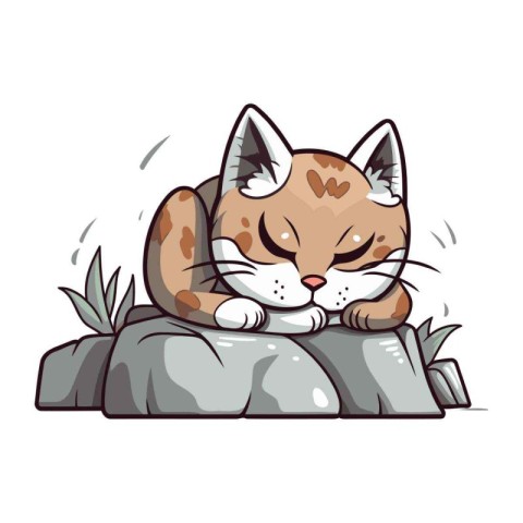 Cute cartoon cat lying on the rock. Vector illustration on white