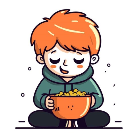 Cute little boy with a bowl of popcorn. Vector illustration.