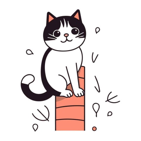 Cute cartoon cat sitting on a brick wall. Vector illustration.