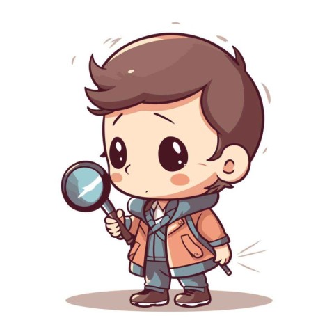 Boy looking through a magnifying glass. Vector cartoon character