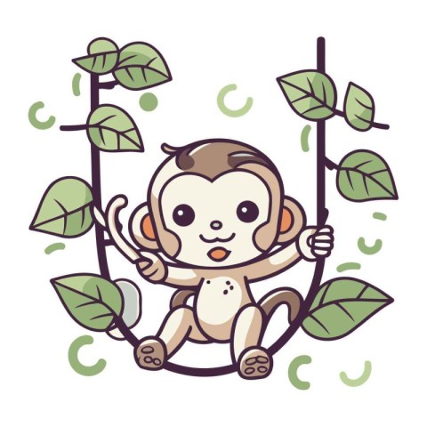 Cute cartoon monkey sitting on a branch with leaves. Vector illu