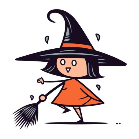 Cute cartoon witch with broom. Vector illustration. Halloween ic