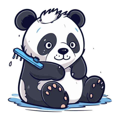 Cute panda with comb in his hand. Vector illustration.