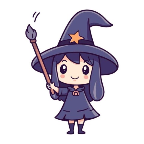 Cute little girl in witch costume holding magic wand. Vector ill