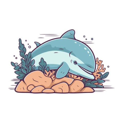 Cartoon dolphin on the rocks. Vector illustration isolated on wh