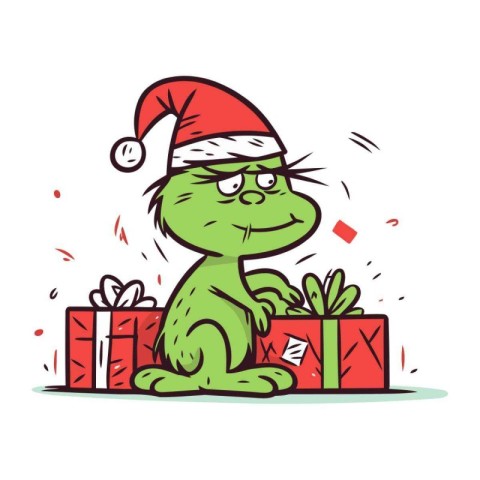 Funny cat in santa hat and christmas gifts. Vector illustration.