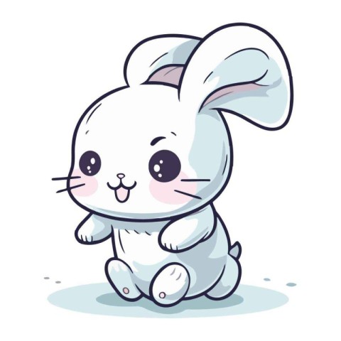 Cute cartoon white rabbit sitting on the ground. Vector illustra