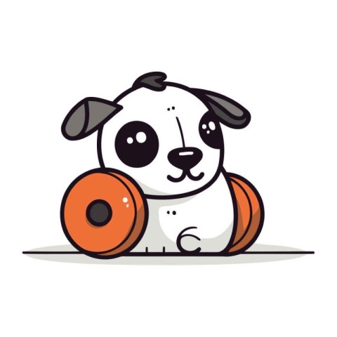 Cute cartoon dog character with dumbbells. Vector illustration.