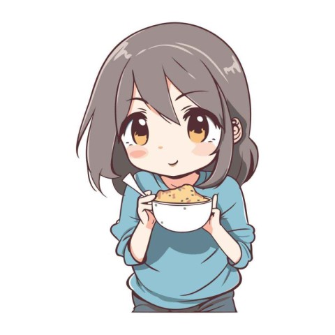 Illustration of a Cute Girl Eating a Bowl of Cereal