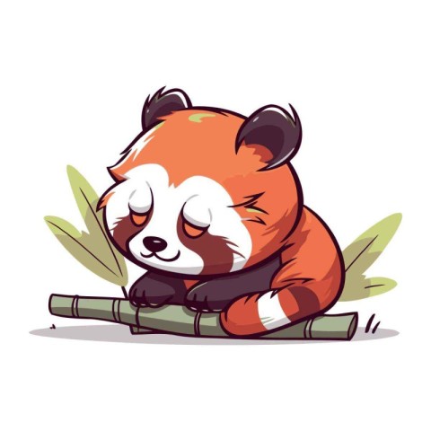 Cute red panda sleeping on bamboo branch. Vector illustration.