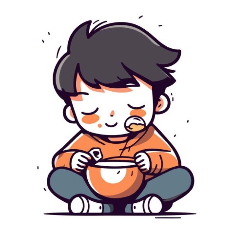 Illustration of a little boy eating soup. Cute cartoon character