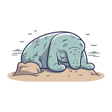 Illustration of a cute elephant sleeping on the sand. Vector ill